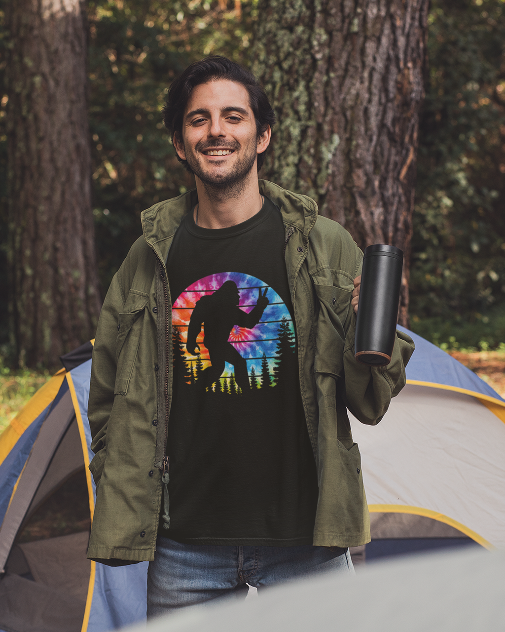 Bigfoot Peace Sign T-Shirt | Tie-Dye Sasquatch Cryptid Tee | Psychedelic Outdoor Shirt